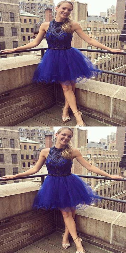 Short Beading With Halter Neckline Affordable Homecoming Dresses Royal Blue Una CD597