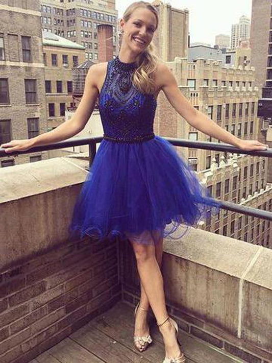 Short Beading With Halter Neckline Affordable Homecoming Dresses Royal Blue Una CD597
