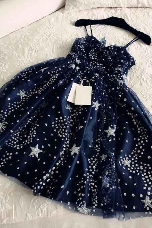 Spaghetti Straps Navy Kiersten Homecoming Dresses Blue Tulle Sweetheart Short CD623