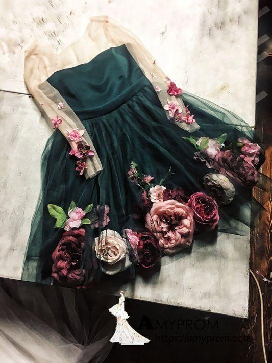 Chic A-Line V Neck Hand-Made Flower Unique Perla Homecoming Dresses Short Long Sleeve CD644