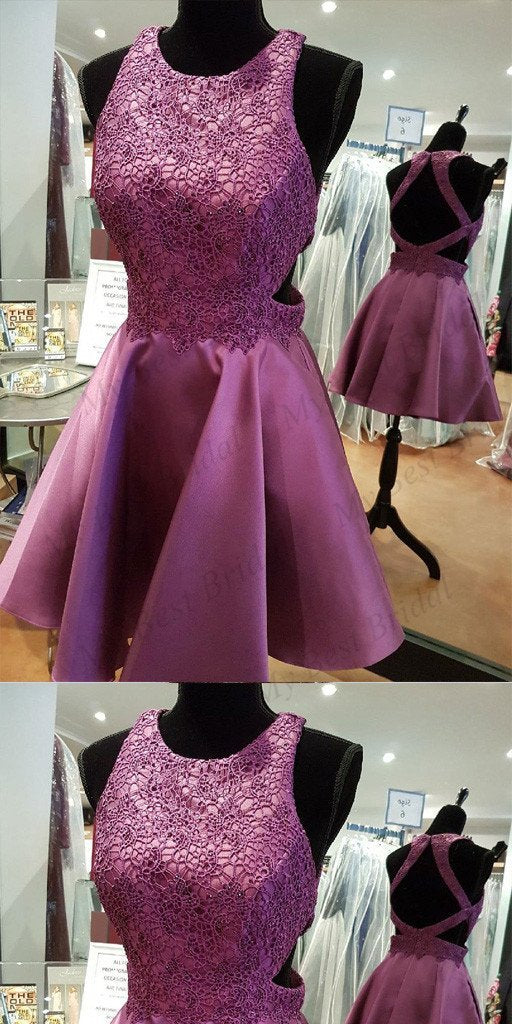 Stunning Purple Applique Homecoming Dresses Lace Leah With Beading Short CD652