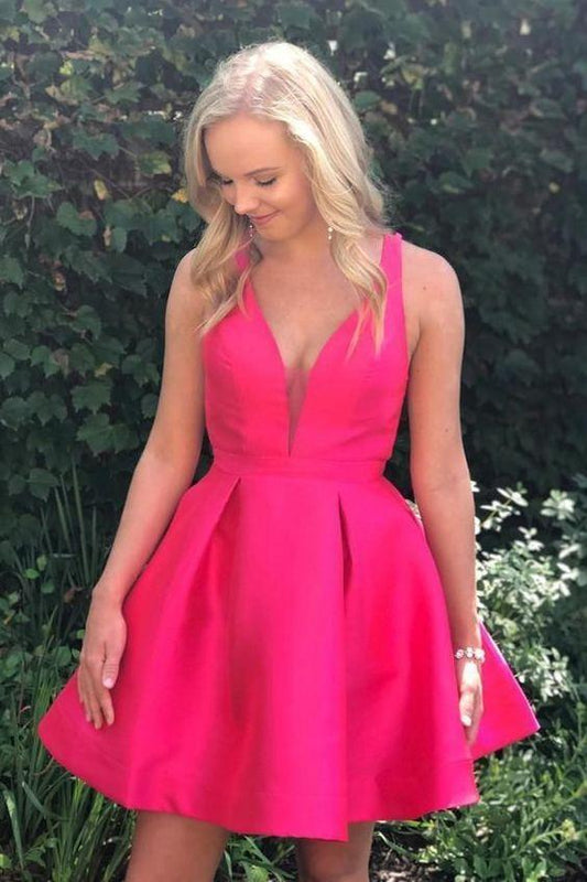 A-Line Deep V-Neck Criss-Cross Fuchsia Jamiya Homecoming Dresses Cocktail Satin Dresses CD8029