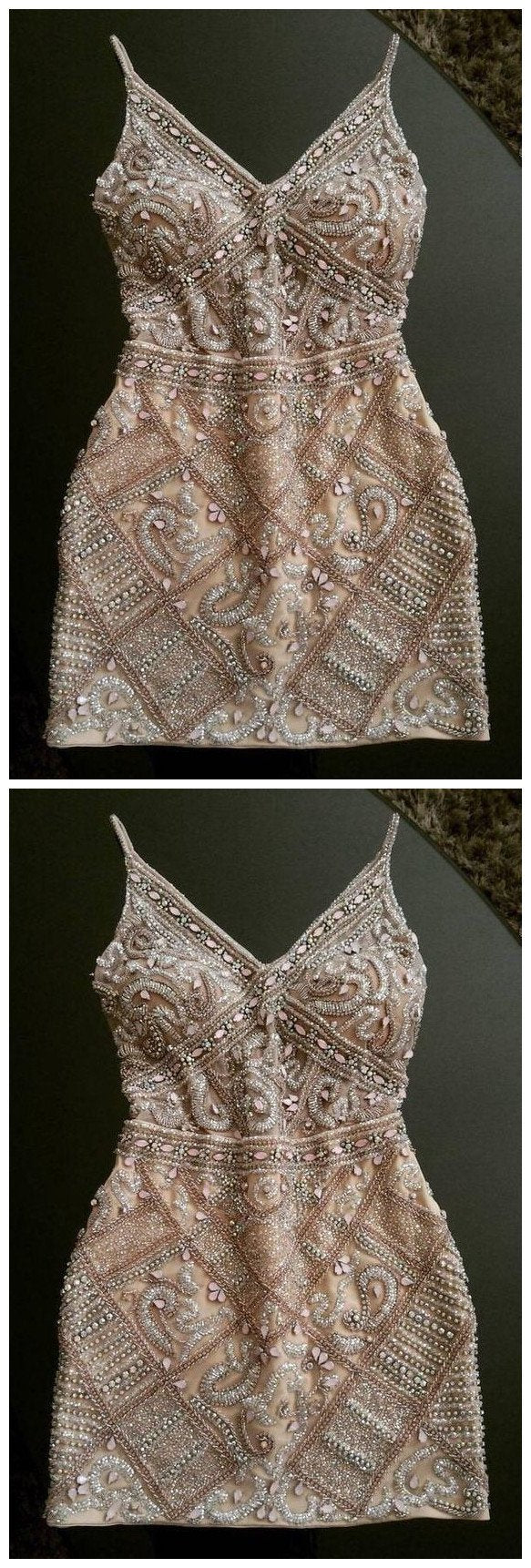 Sheath Spaghetti Lynn Homecoming Dresses Cocktail Straps Beading Short Dress CD828