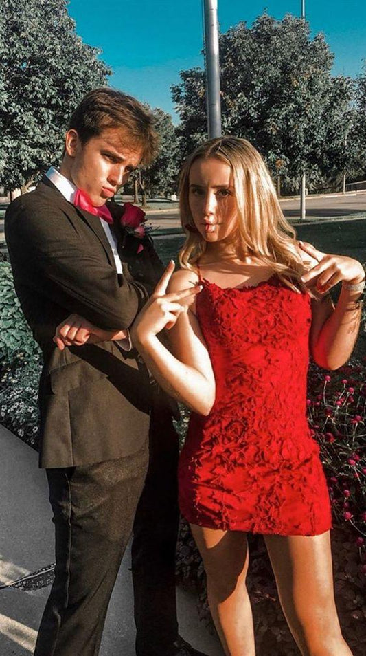 Sexy Red Short Tight Short Party Dresses Lace Homecoming Dresses Cocktail Jacquelyn Cheap Dresses For Teens CD8486