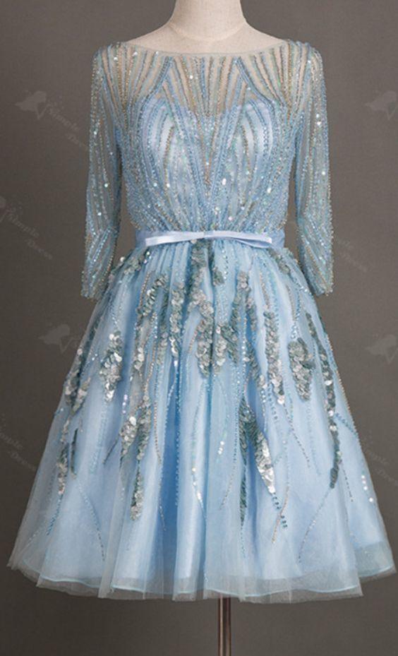 Sequins A-Line Homecoming Dresses Maria Short Bateau 3/4 Sleeves CD8625