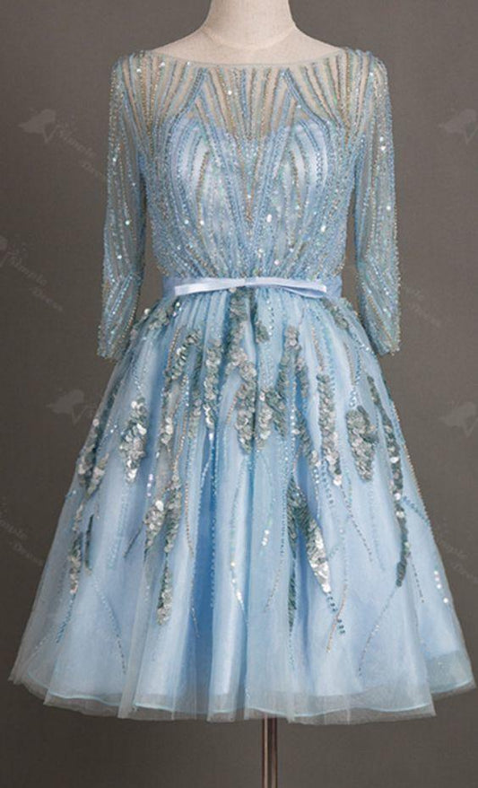 Sequins A-Line Homecoming Dresses Maria Short Bateau 3/4 Sleeves CD8625
