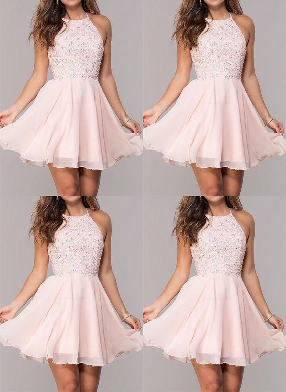 Light Pink Homecoming Dresses Chiffon Sadie Short Beaded Halter CD9780