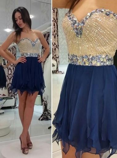Hot-selling A-line Sweetheart Mini Sleeveless Chiffon Royal Blue Homecoming Dress with Beaded RS450