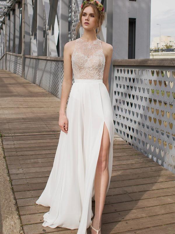 White Side Split Prom Dress Open Back Bridesmaid Dresses Beach Wedding Dress RS548