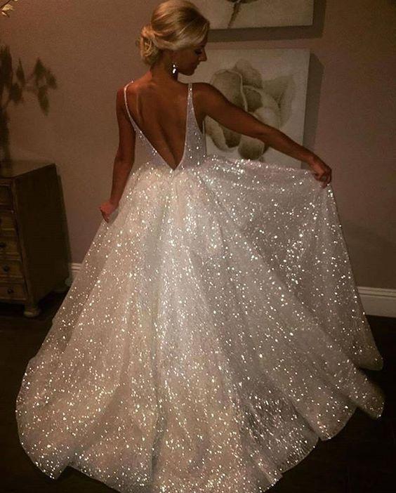 Sequins V-Neck Ivory Backless A-Line Sleeveless Elegant Plus Size Prom Dresses RS381
