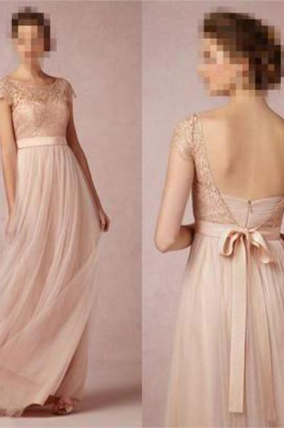 2024 Cap Sleeve A-Line Lace Chiffon Long Elegant Backless Bridesmaid Dress RS155