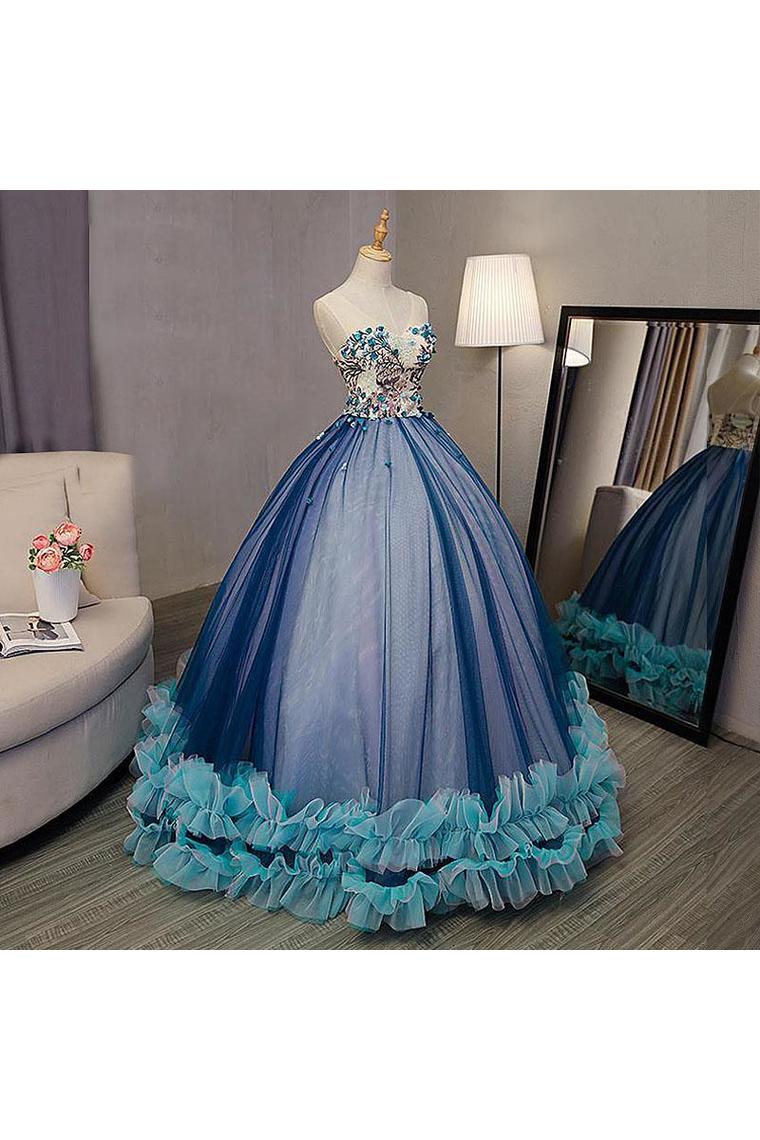 Ball Gown V Neck Sleeveless Appliqued Tulle Prom Dress Hot Quinceanera SRSP46YC47P
