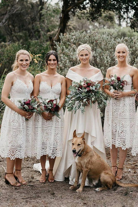 A Line Ivory Lace Spaghetti Straps V Neck Bridesmaid Dresses, Bridesmaid Gowns SRS15489