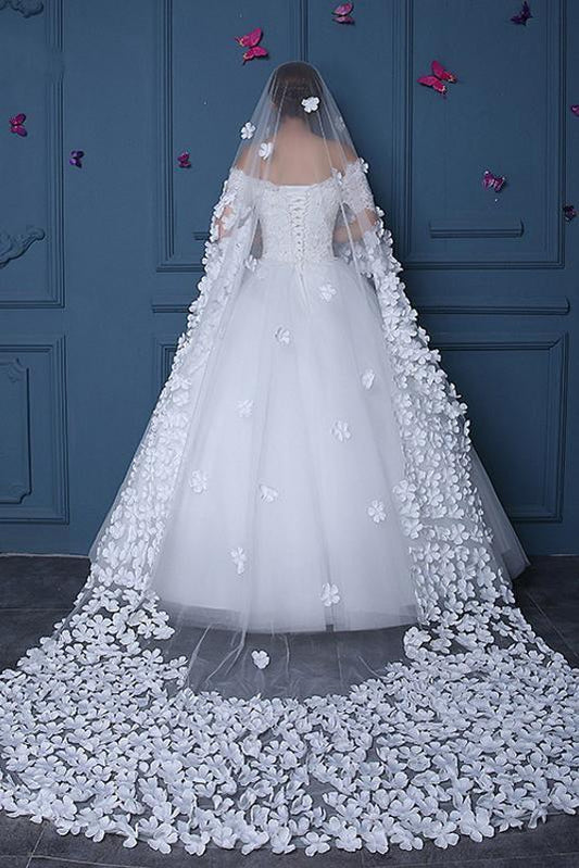 Long Tulle Ivory Wedding Veils with Hand Made Flowers, Wedding Veils SRS15583