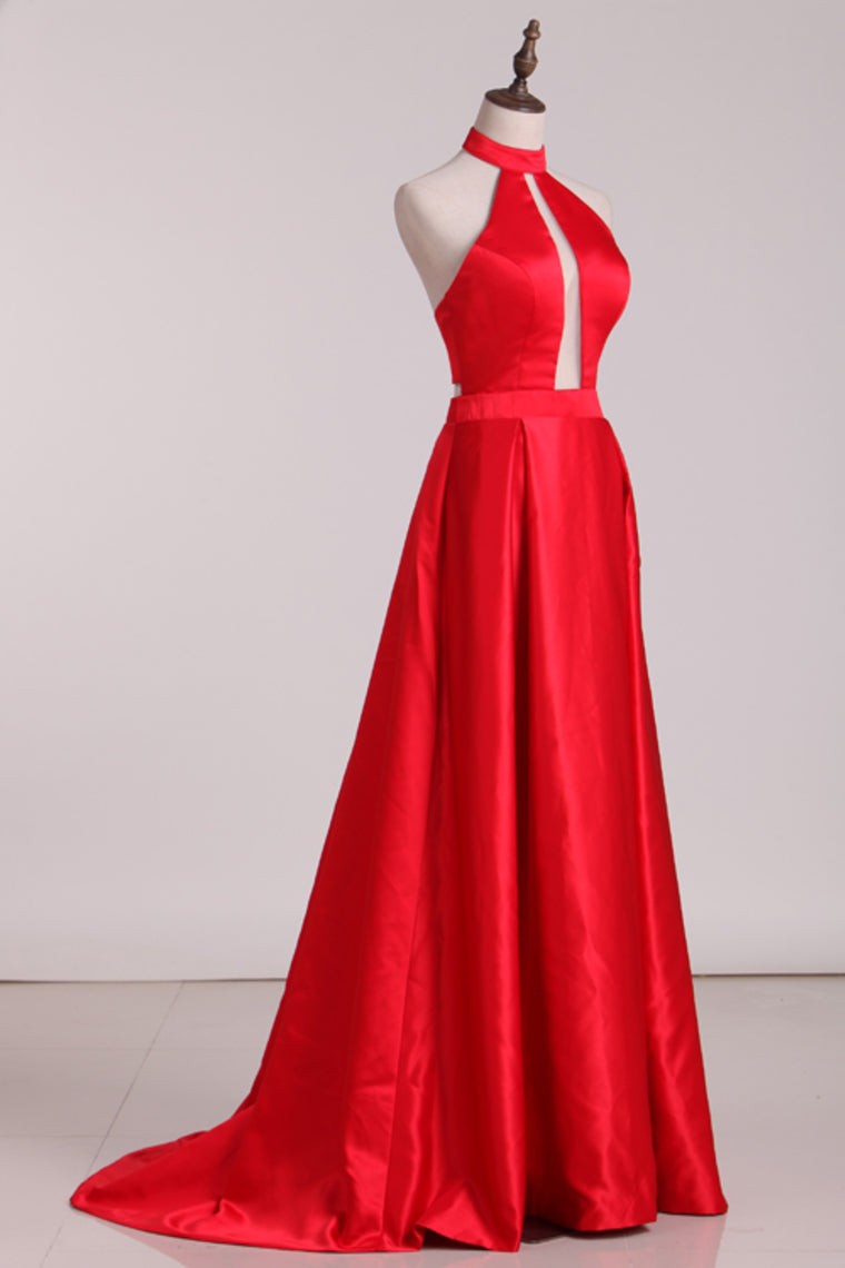 New Arrival Halter A Line Evening Dresses Satin Sweep SRSPXRSZSBM