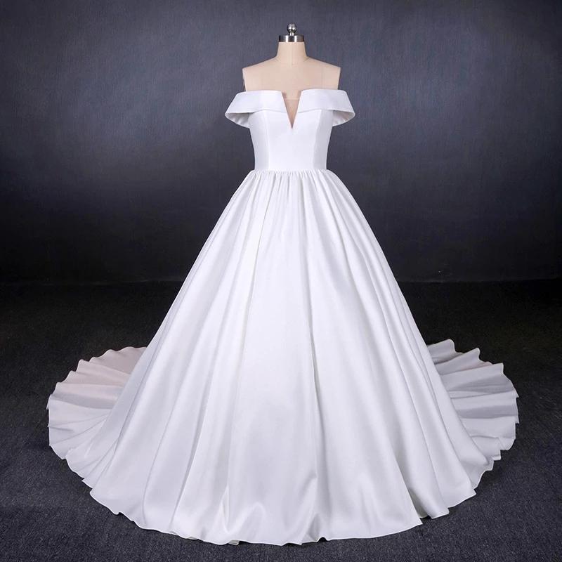 Ball Gown Off the Shoulder White Satin Wedding Dresses, Simple Cheap Wedding Gowns SRS15065
