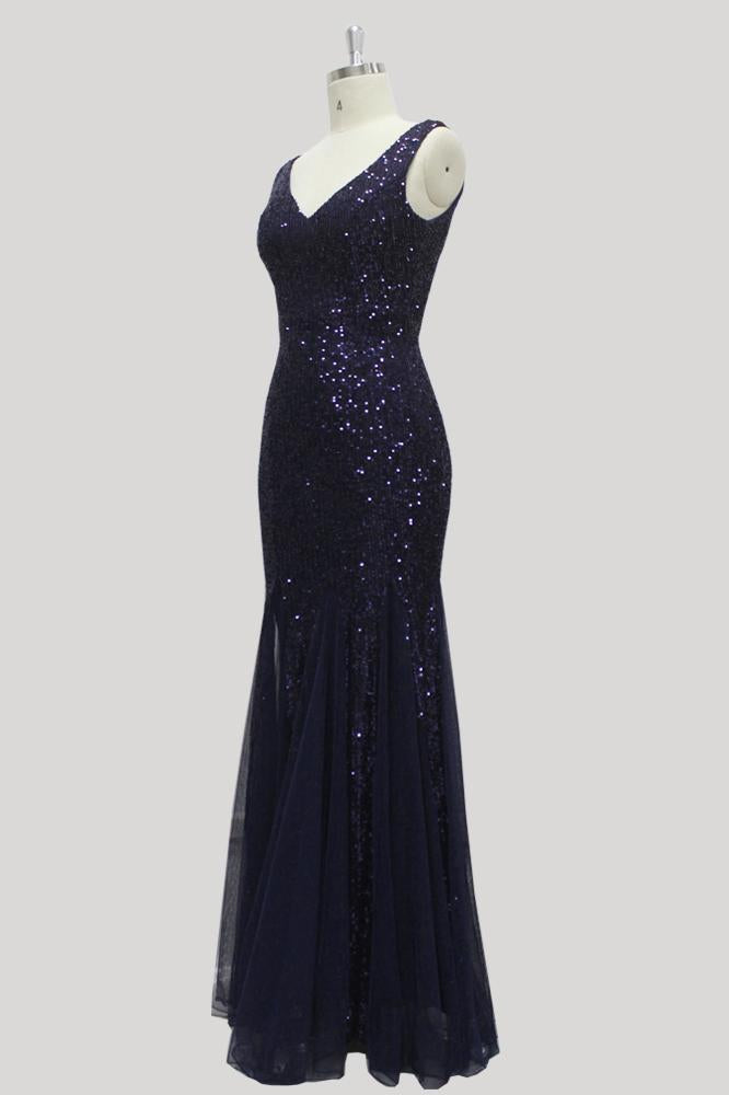 Sexy Burgundy Tulle V Neck Mermaid Sequin Prom Dresses, Evening Party Dresses SRS15332