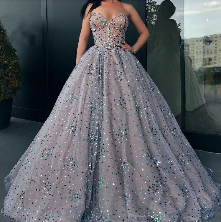 Princess Strapless Sweetheart Beads Ball Gown Rhinestone Prom Dress with Long Sparkly SRS15308