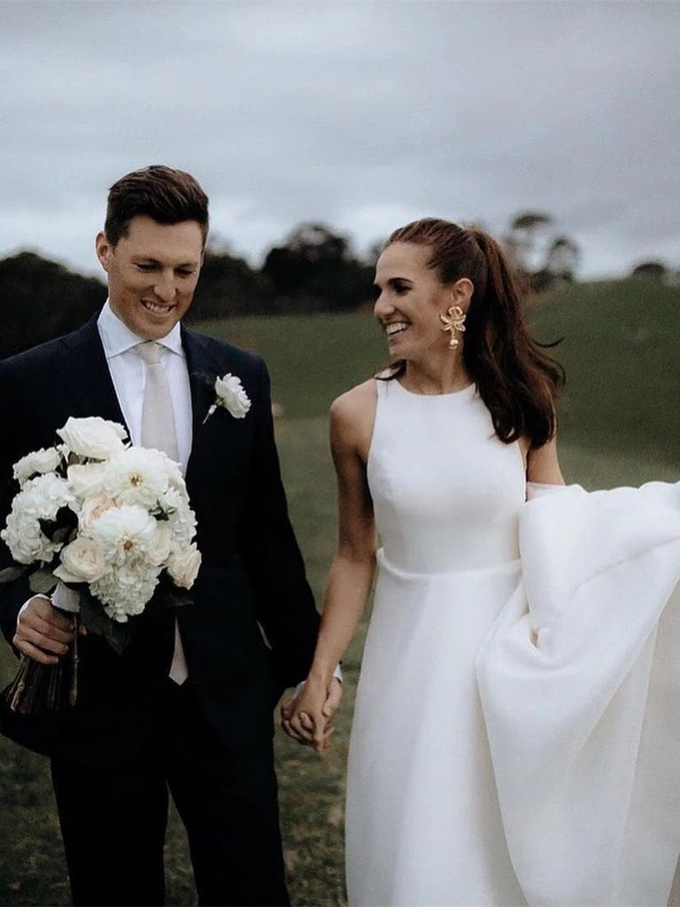 Simple Round Neck Satin Ivory Wedding Dresses with Pockets, Long Wedding Gowns SRS15398