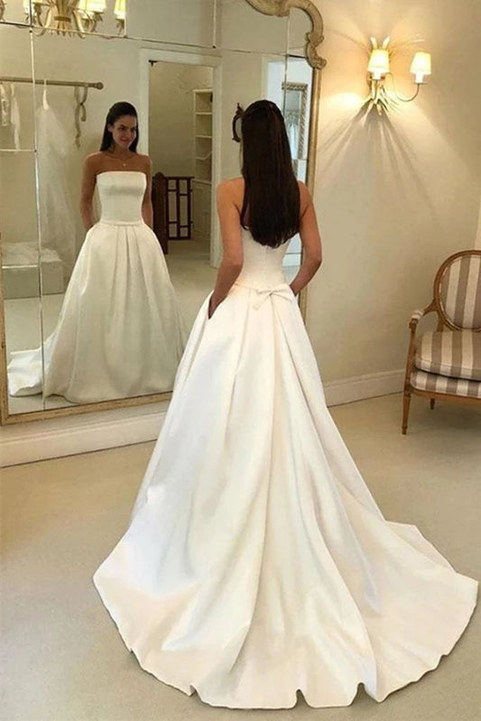 Charming A Line Satin Strapless Wedding Dresses with Pockets, Long Bridal Dresses SRS15091