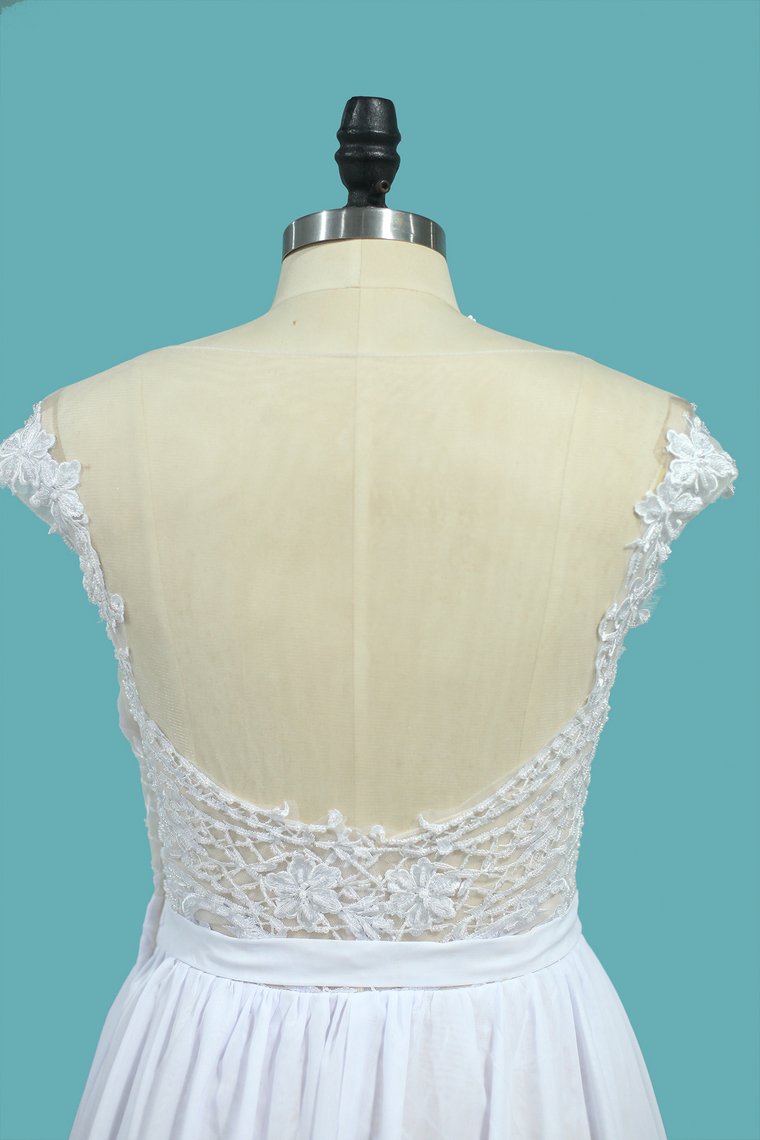 2024 Chiffon A Line Scoop Wedding Dresses With Applique And Slit Sweep Train