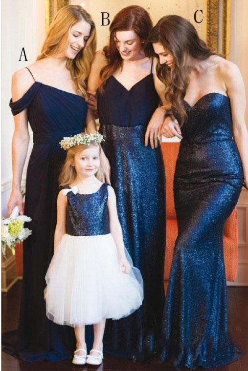 Dark Blue Long Chiffon Bridesmaid Dress with Sequin
