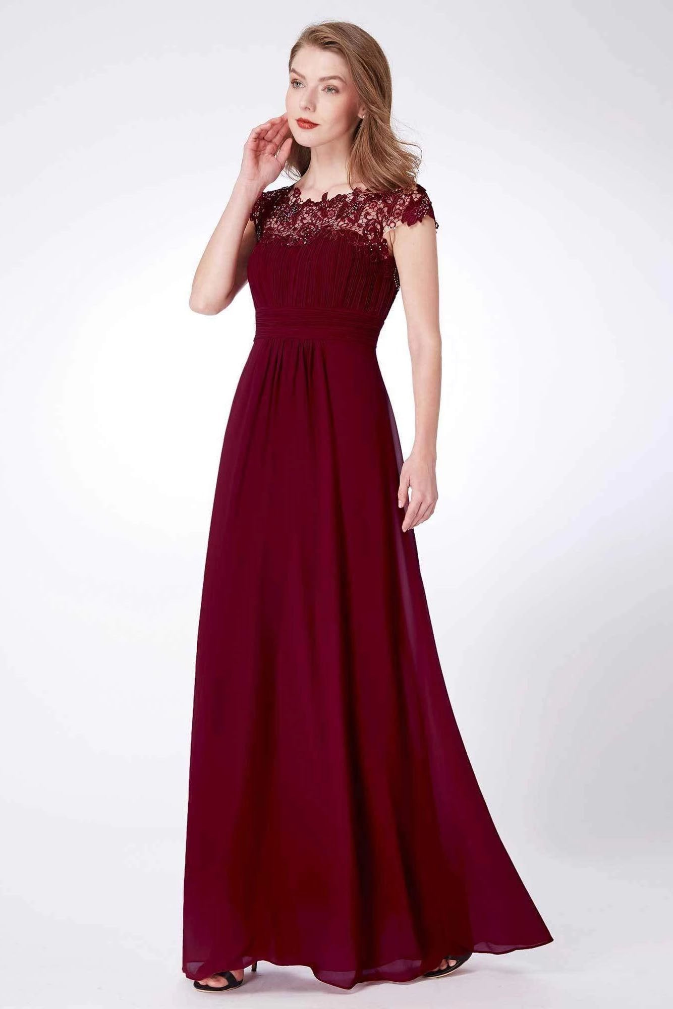 Elegant A Line Cap Sleeve Burgundy Lace Prom Dresses with Chiffon, Bridesmaid Dresses SRS15145