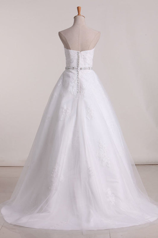 2024 Sweetheart Wedding Dresses A Line Tulle With Applique Sweep Train