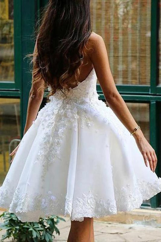 A Line V Neck Ivory Appliques Beads Homecoming Dresses Short Wedding Dresses SRS15041