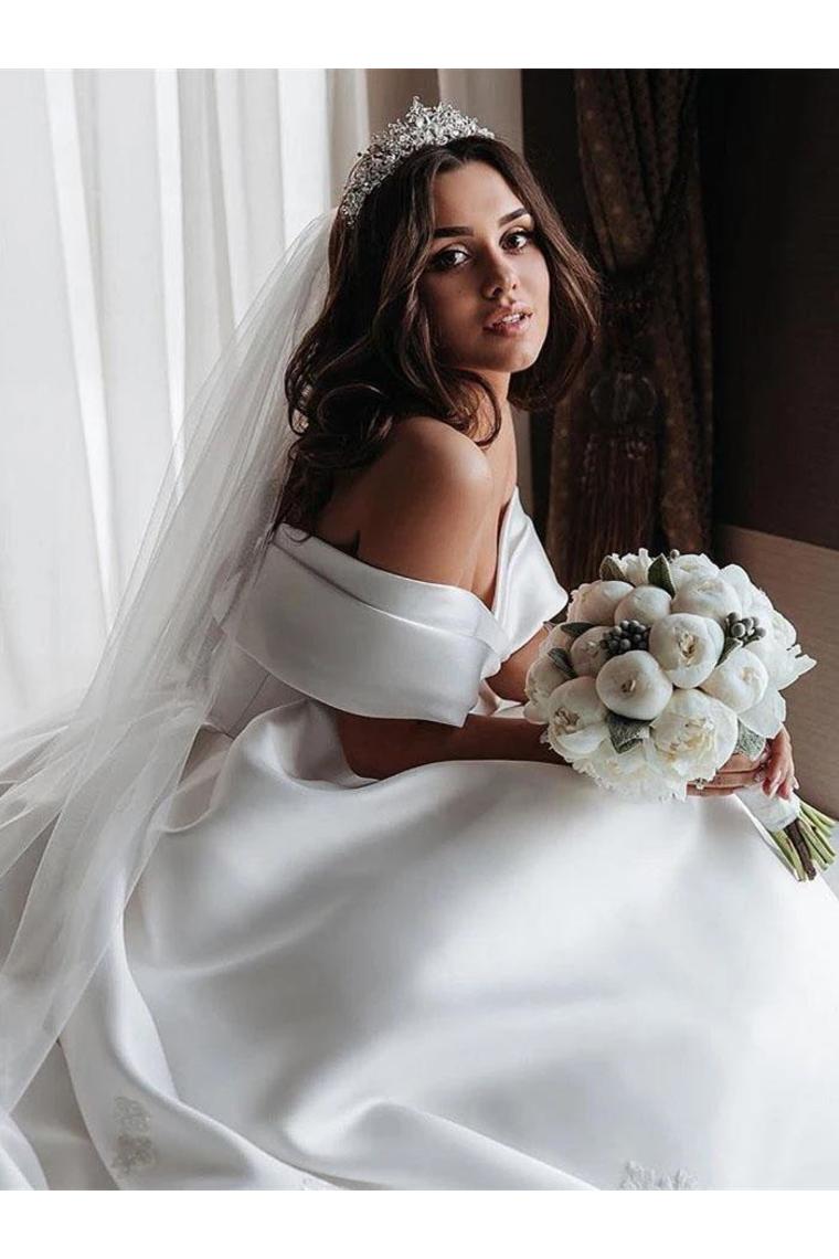 Ball Gown Off The Shoulder Satin White Sweetheart Wedding Dresses Wedding SRSP46AJRNZ
