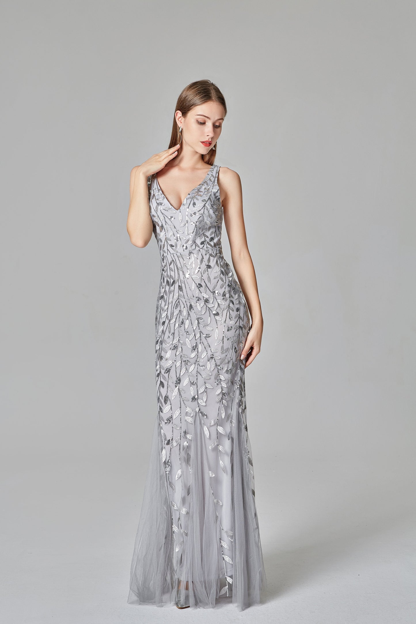 Sexy V Neck Silver Mermaid Prom Dresses, Embroidered Sequins Long Evening Dresses SRS15368