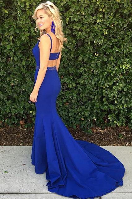 Royal Blue Scoop Mermaid Sleeveless Backless Beads Spandex Prom Dresses RS618