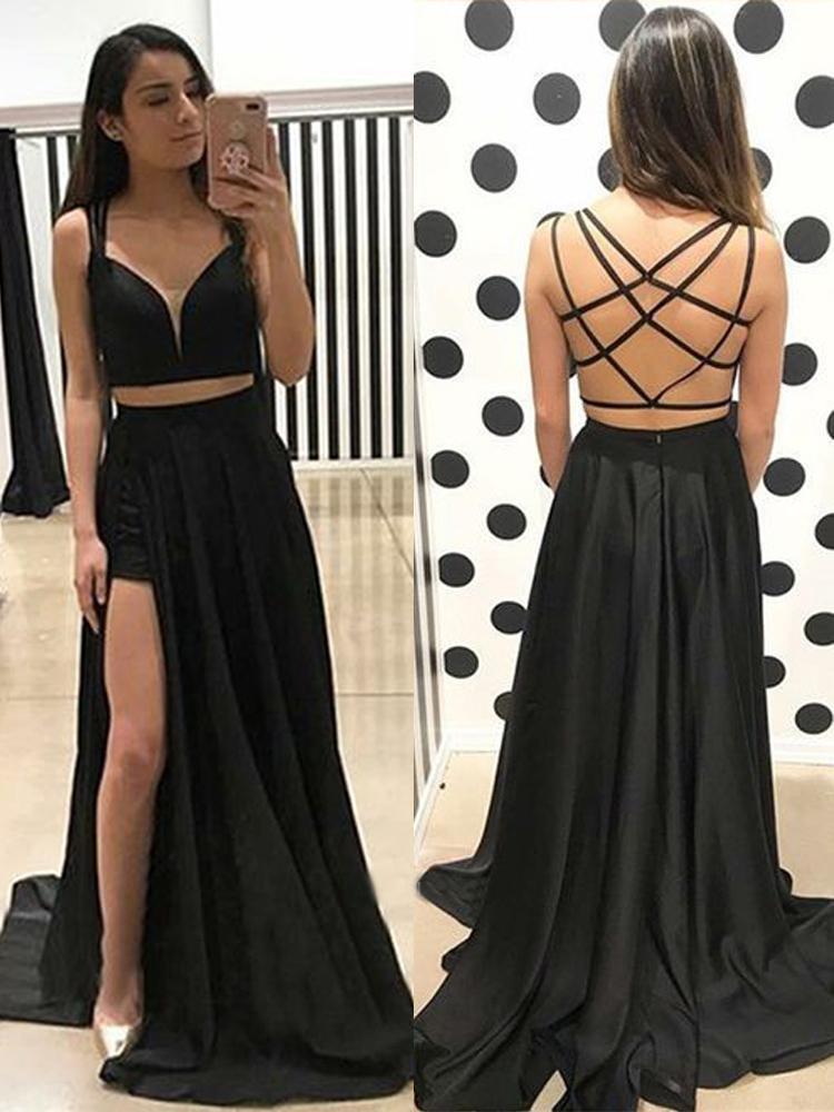 Sexy A Line V Neck Two Piece Sweetheart Cross Back Split Black Long Prom Dresses RS137