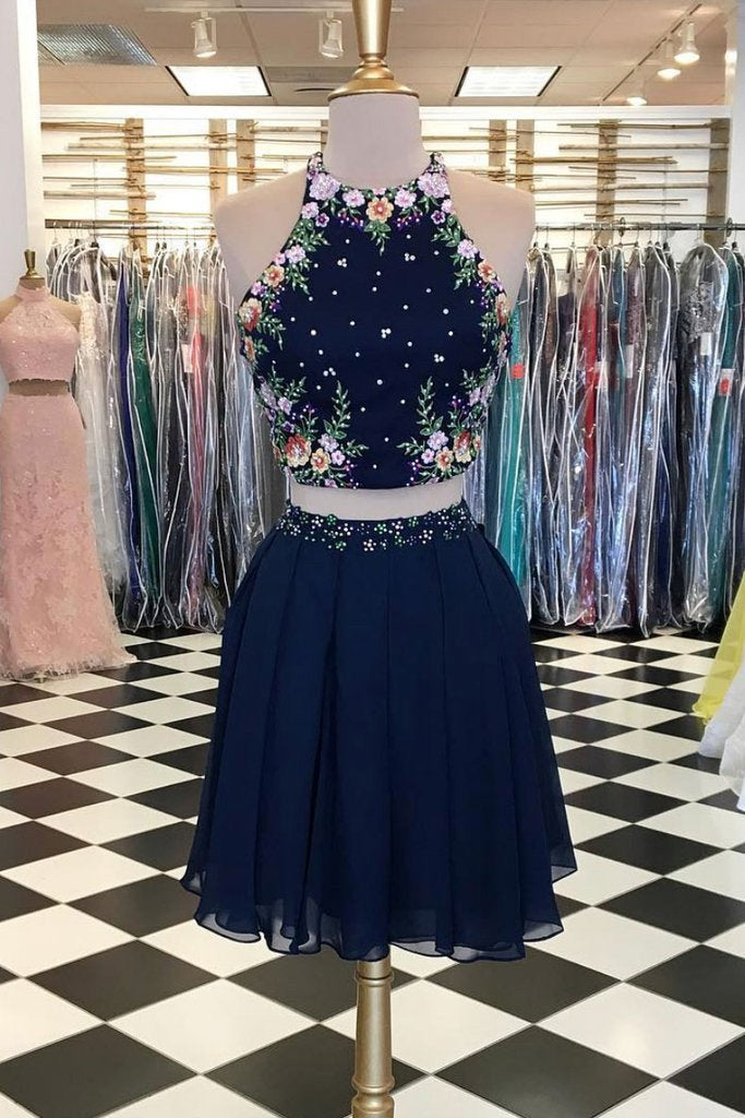 Unique Dark Blue Two Piece Short Prom Dress Halter Flowers Chiffon Homecoming Dresses RS758