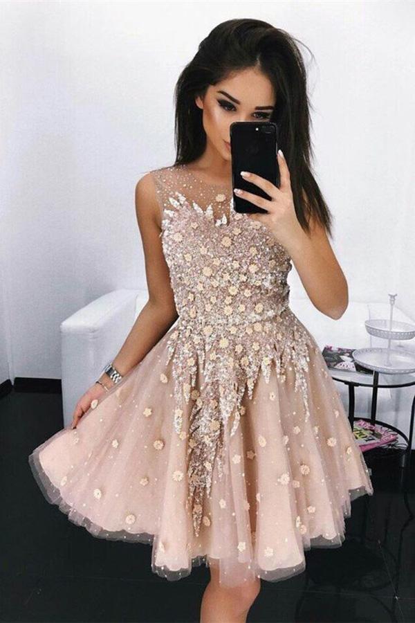 Modest A-Line Round Neck Short Blush Beads Unique Illusion Pleats Homecoming Dresses RS682