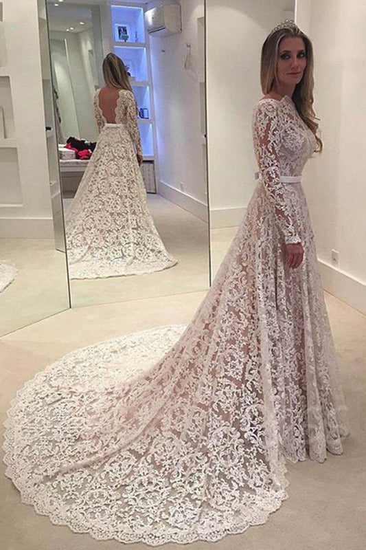 A-Line Backless Bowknot Scalloped Ivory Long Sleeve Backless Lace Wedding Dresses RS330