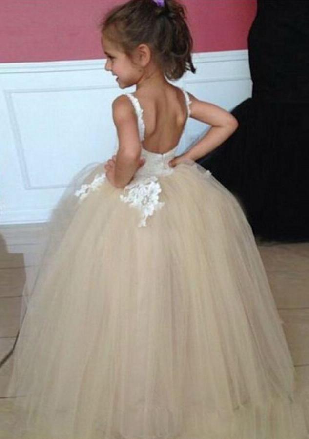 Tulle Applique Spaghetti Straps Backless Flower Girl Dresses Lovely Tutu Dresses RS117