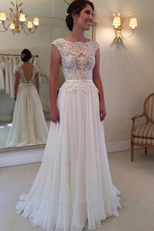 A-line Round Neckline Chiffon Lace Long Open Back Sleeves Wedding Dresses RS217