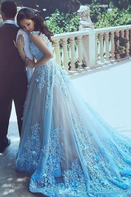 A-Line Square Chapel Train Sleeveless Blue Tulle Wedding Dress with Appliques Sash RS336