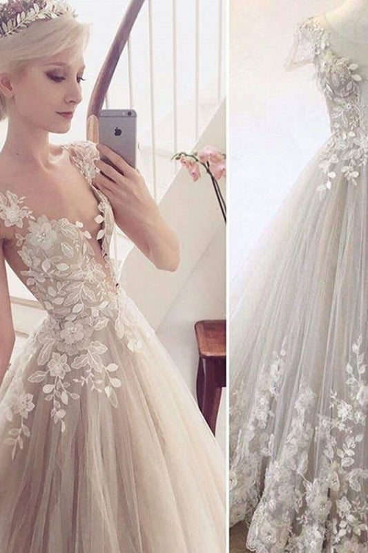 2024 Gorgeous Wedding Dresses Scoop Neck A-Line Tulle With Appliques Floor Length