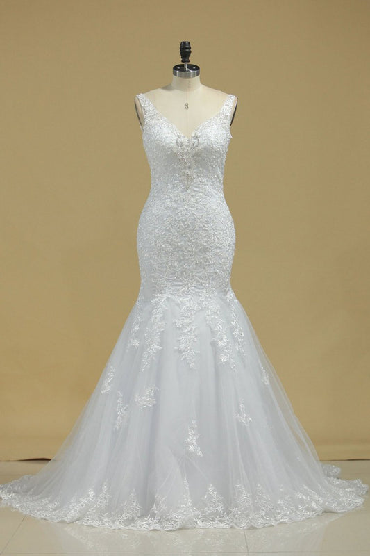 2024 Straps Open Back Tulle With Applique And Beads Mermaid Chapel Train Wedding Dresses