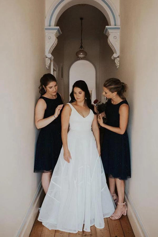 Simple Elegant A Line V Neck Ivory Wedding Dresses, Long Wedding Gowns SRS15532