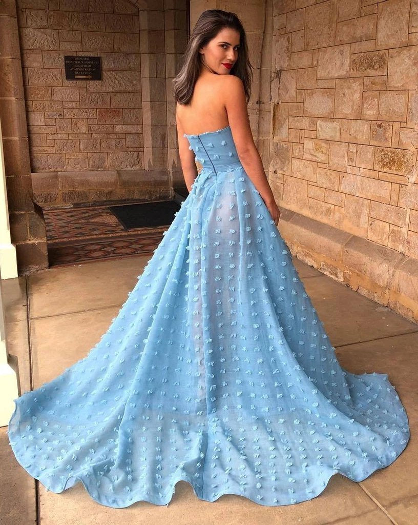 Sexy A line See Through Strapless Slit Backless Blue Prom Dresses with Appliques SRS15593