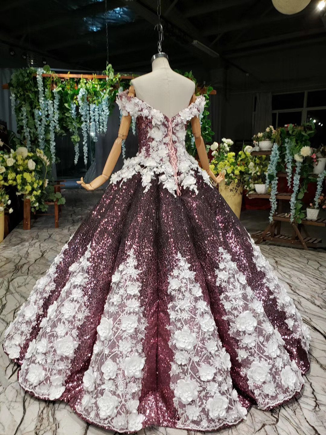 Ball Gown Off the Shoulder V Neck Satin Prom Dresses with Hand Made Flowers, Quinceanera Dress SRS15064