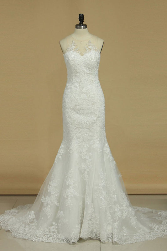 2024 Mermaid Wedding Dresses Scoop Tulle With Applique Court Train