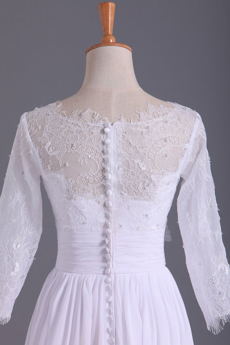 2024 Bateau 3/4 Length Sleeve A Line Wedding Dresses Chiffon With Applique & Handmade Flower