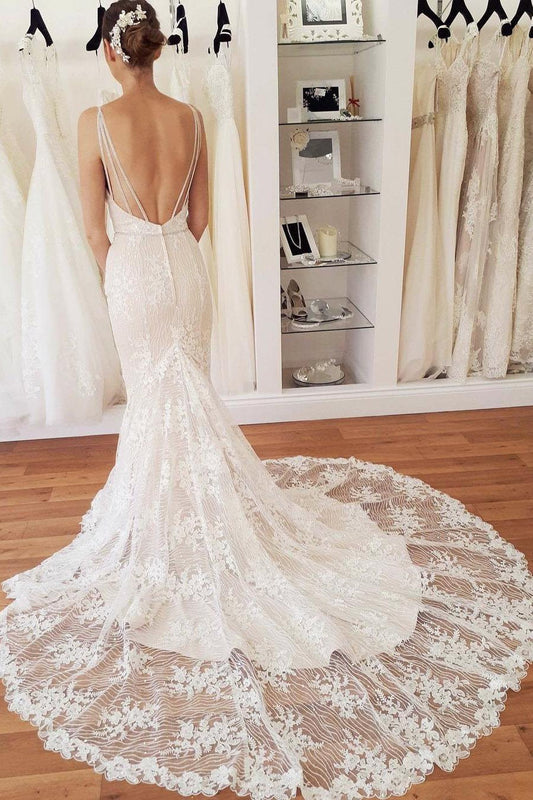 Elegant Spaghetti Straps Mermaid V Neck Lace Wedding Dresses Beach Bridal Dresses SRS15202