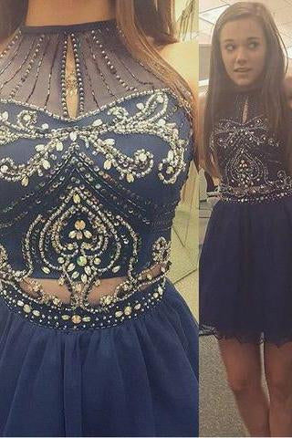 A-line High Neck Sleeveless Beaded Navy Blue Mini Chiffon Cocktail Homecoming Dress RS482