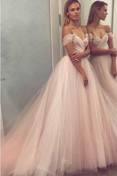 A Line Sweetheart Beaded Off the Shoulder Pink Long Prom Dresses Wedding Dress RS132