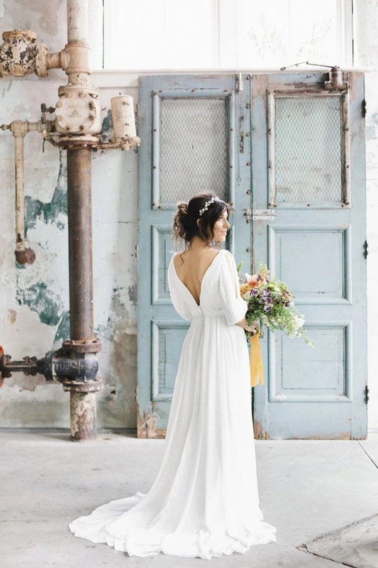 Simple A Line Ivory Chiffon V Neck Wedding Dresses Half Sleeves Long Wedding SRSP42YQLZ1
